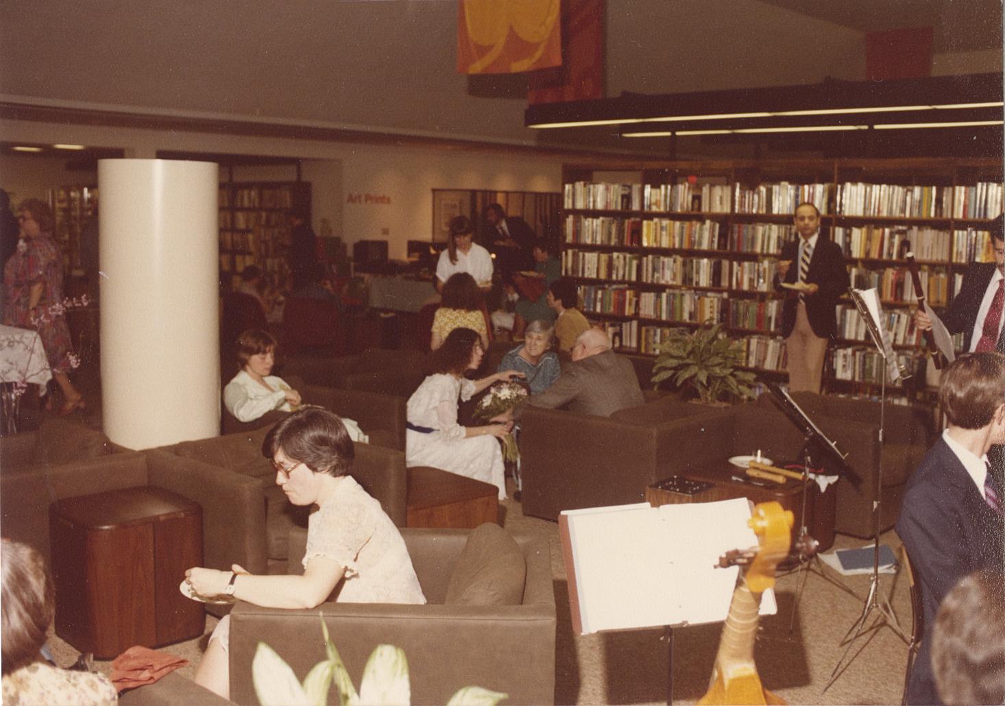 Attendees Gathered in Fireplace Area of the Old Worthington Library for a Wedding