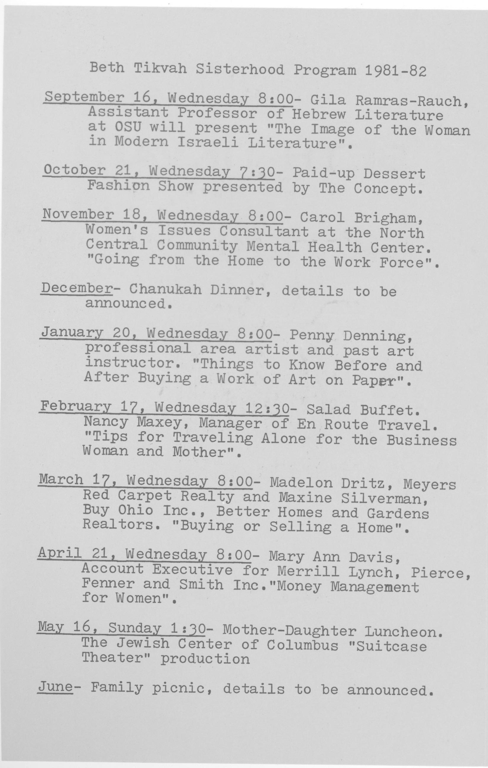 Beth Tikvah Sisterhood Programs