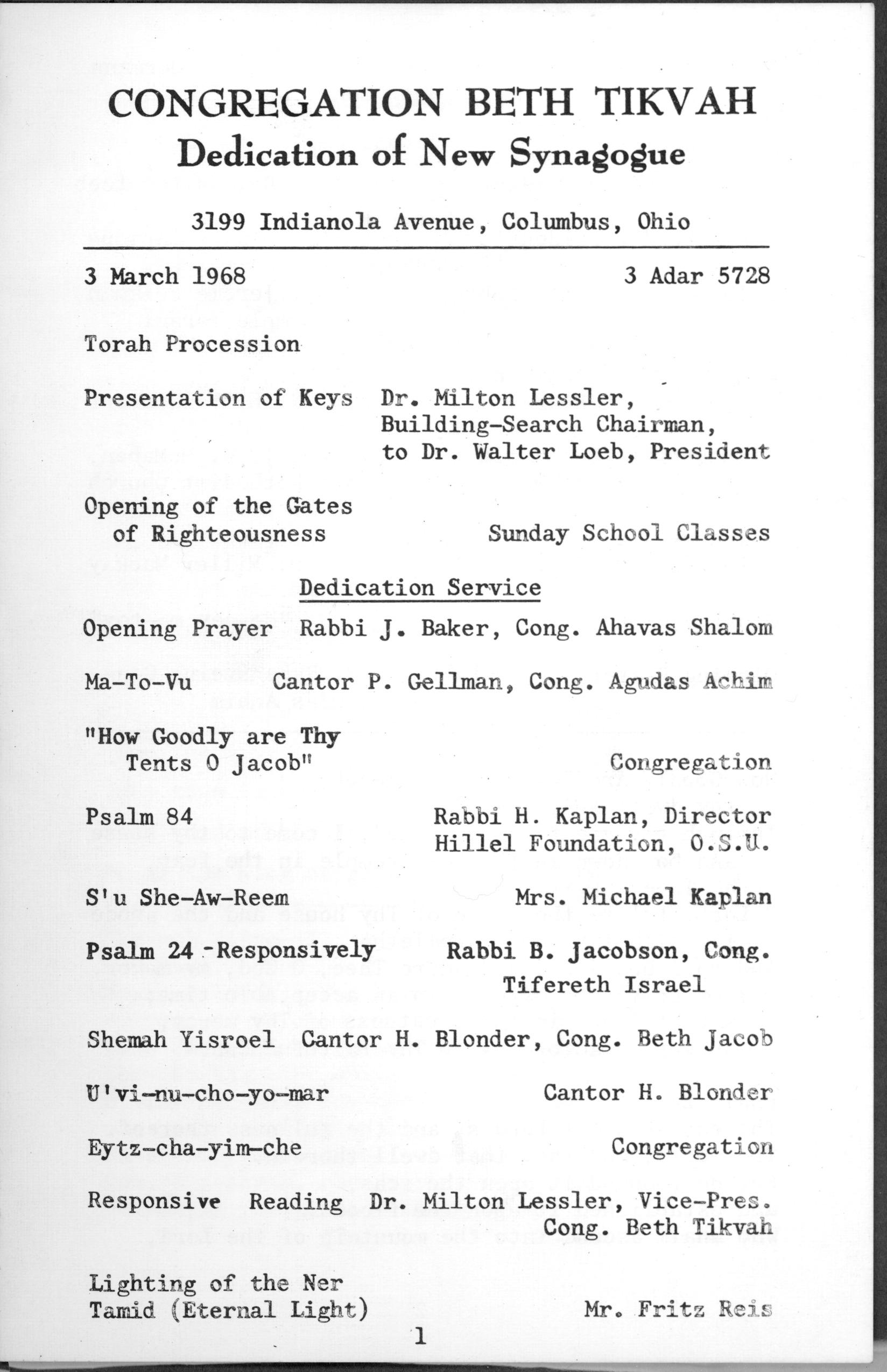 Dedication of Synagogue