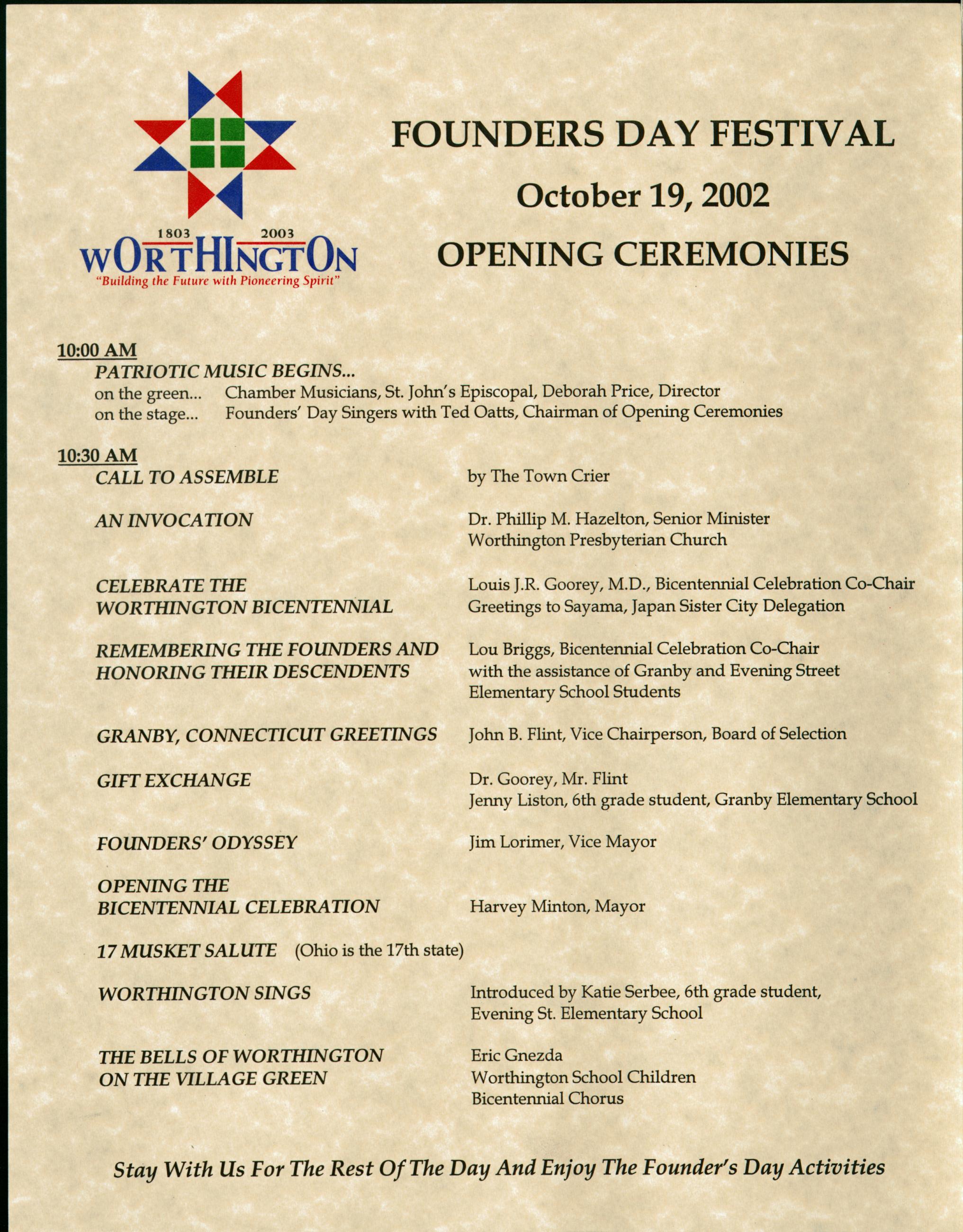 Founders Day Festival Opening Ceremonies Program