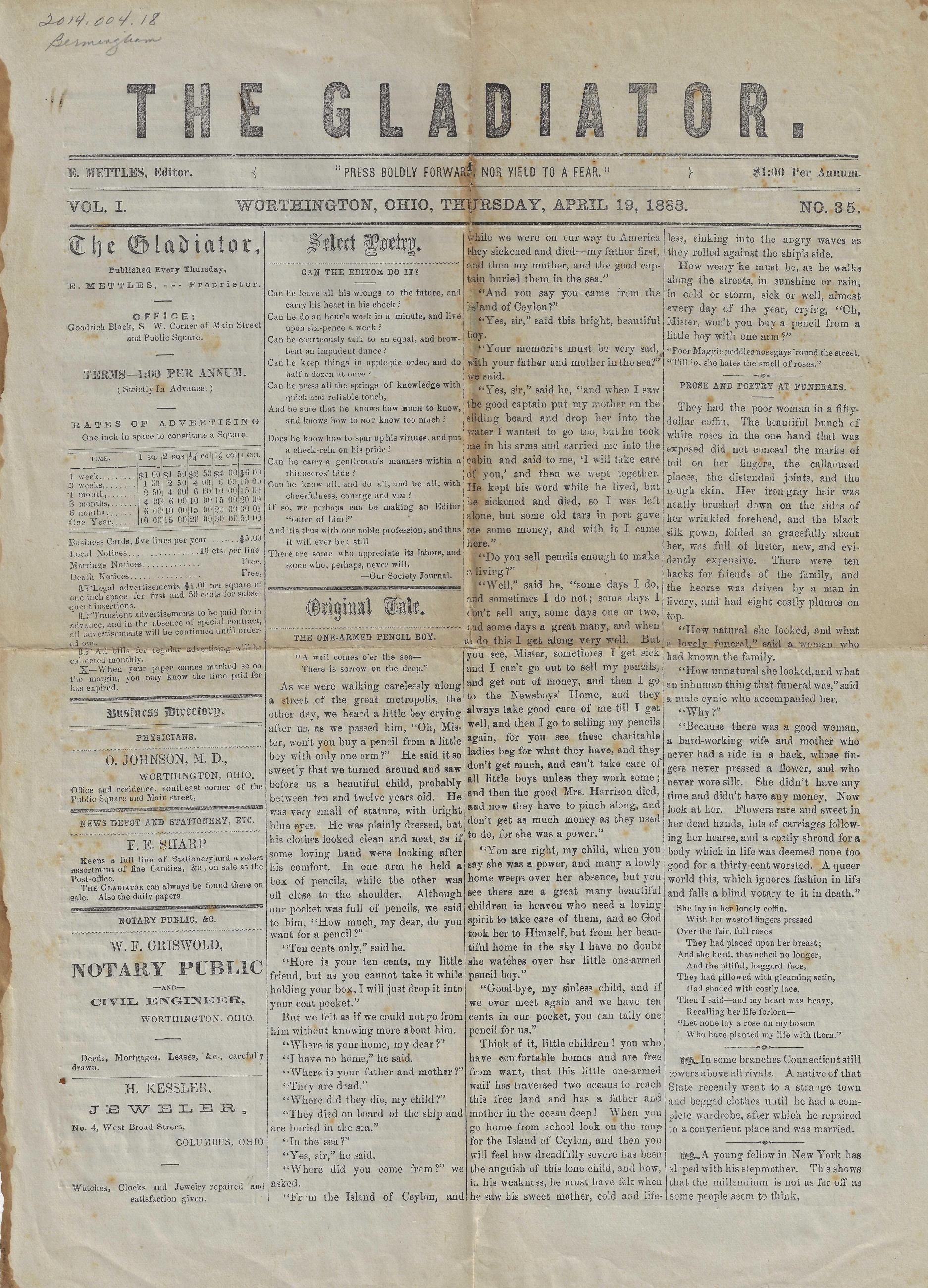 Gladiator Newspaper from April 19th, 1888
