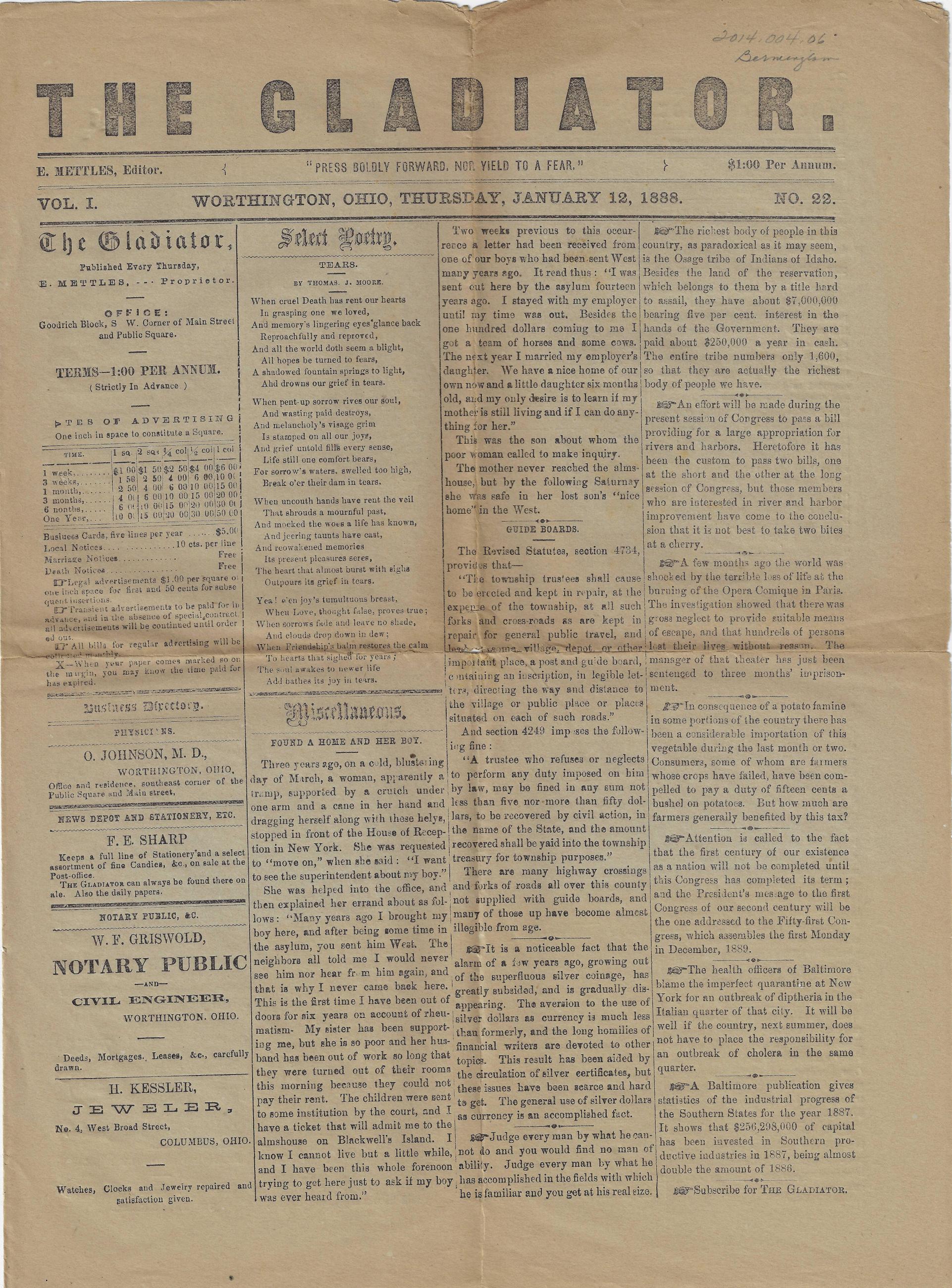 Gladiator Newspaper from January 12, 1888