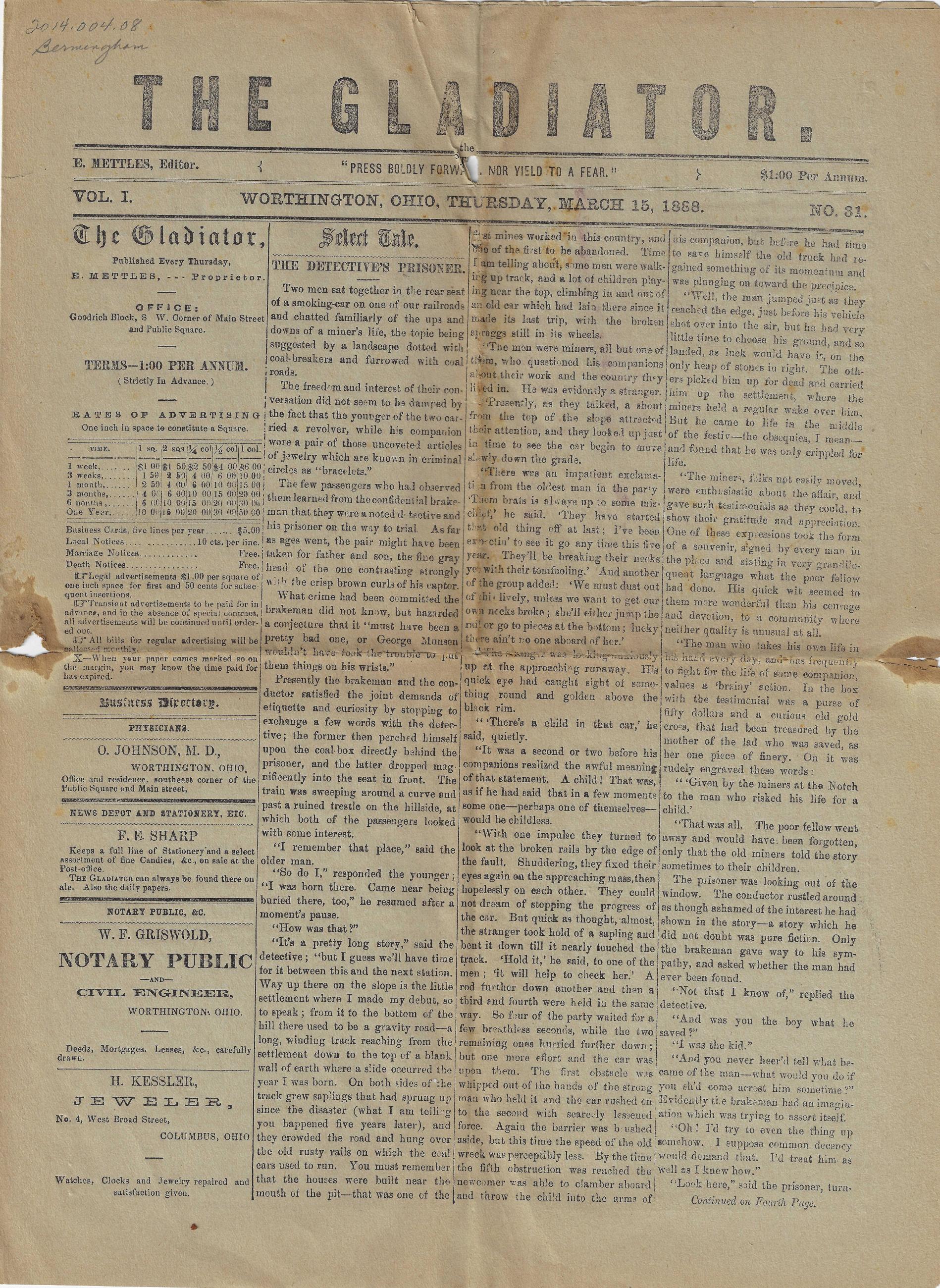 Gladiator Newspaper from March 15th, 1888