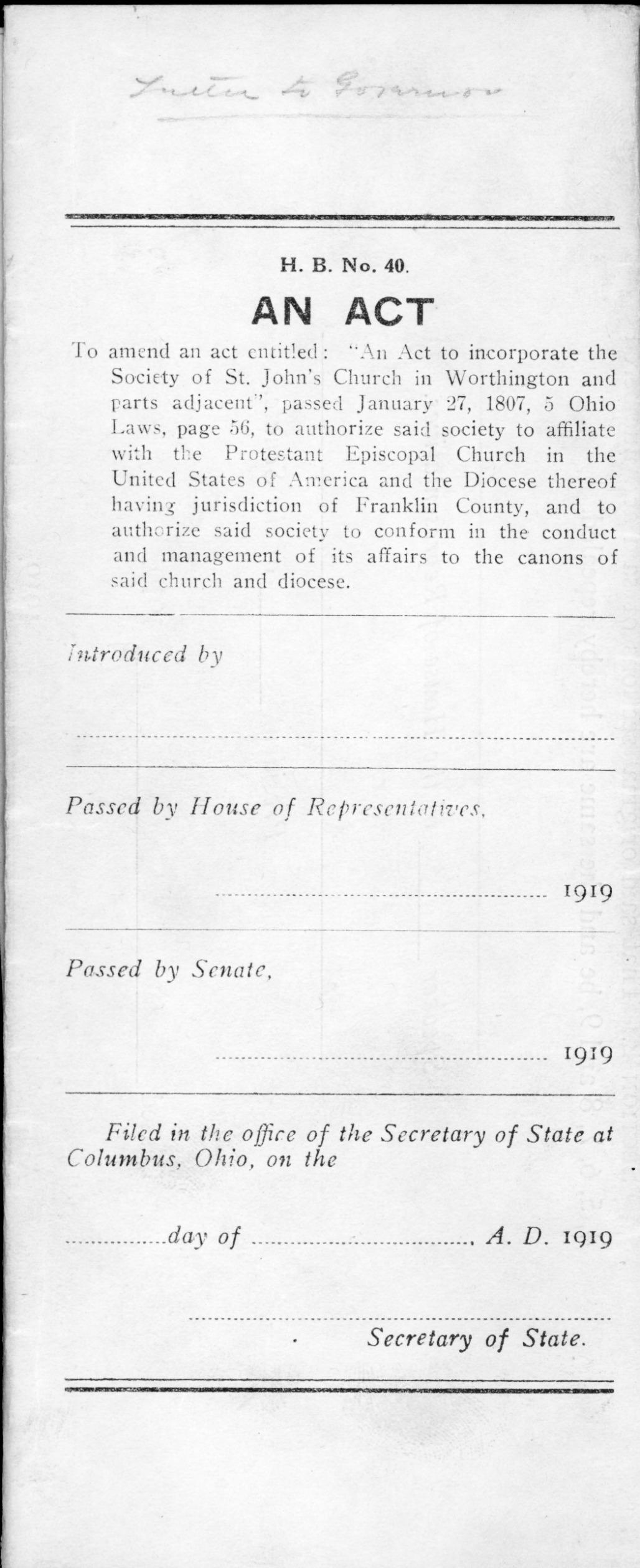 House Bill No. 40: An Act To amend an act entitled: 'An Act to Incorporate the Society of St. John's Church in Worthington and parts adjacent'