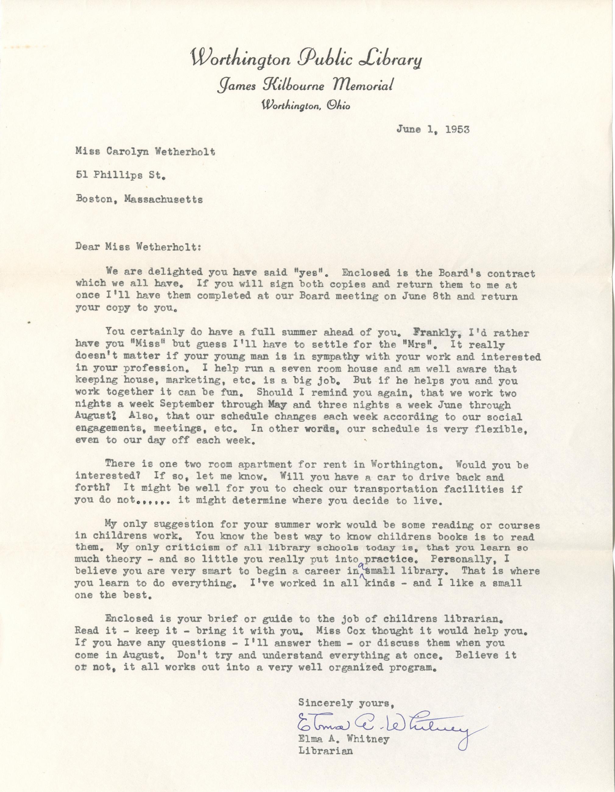 Letter from Elma Whitney to Carolyn Wetherholt, June 1, 1953