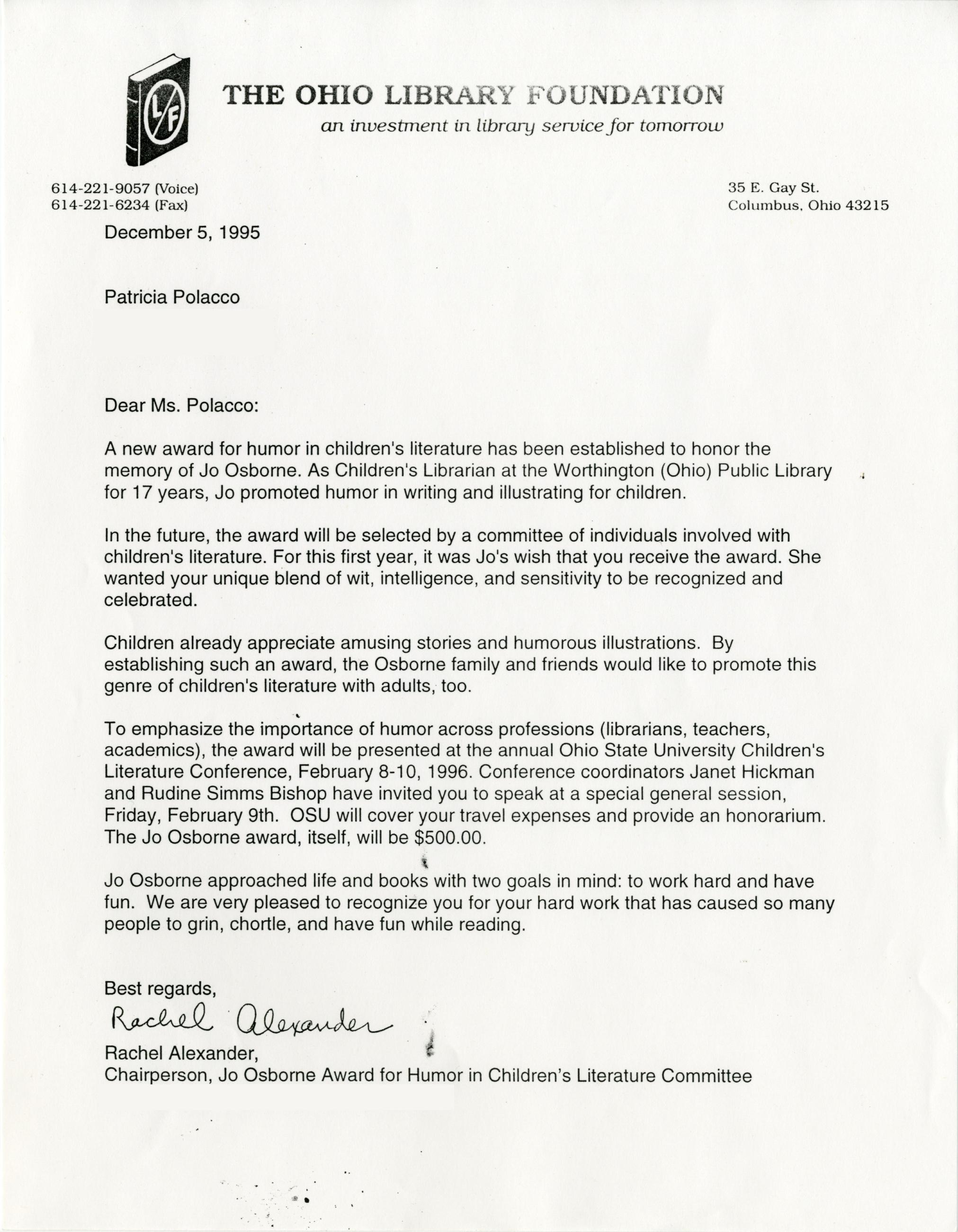 Letter from Rachel Alexander to Patricia Polacco