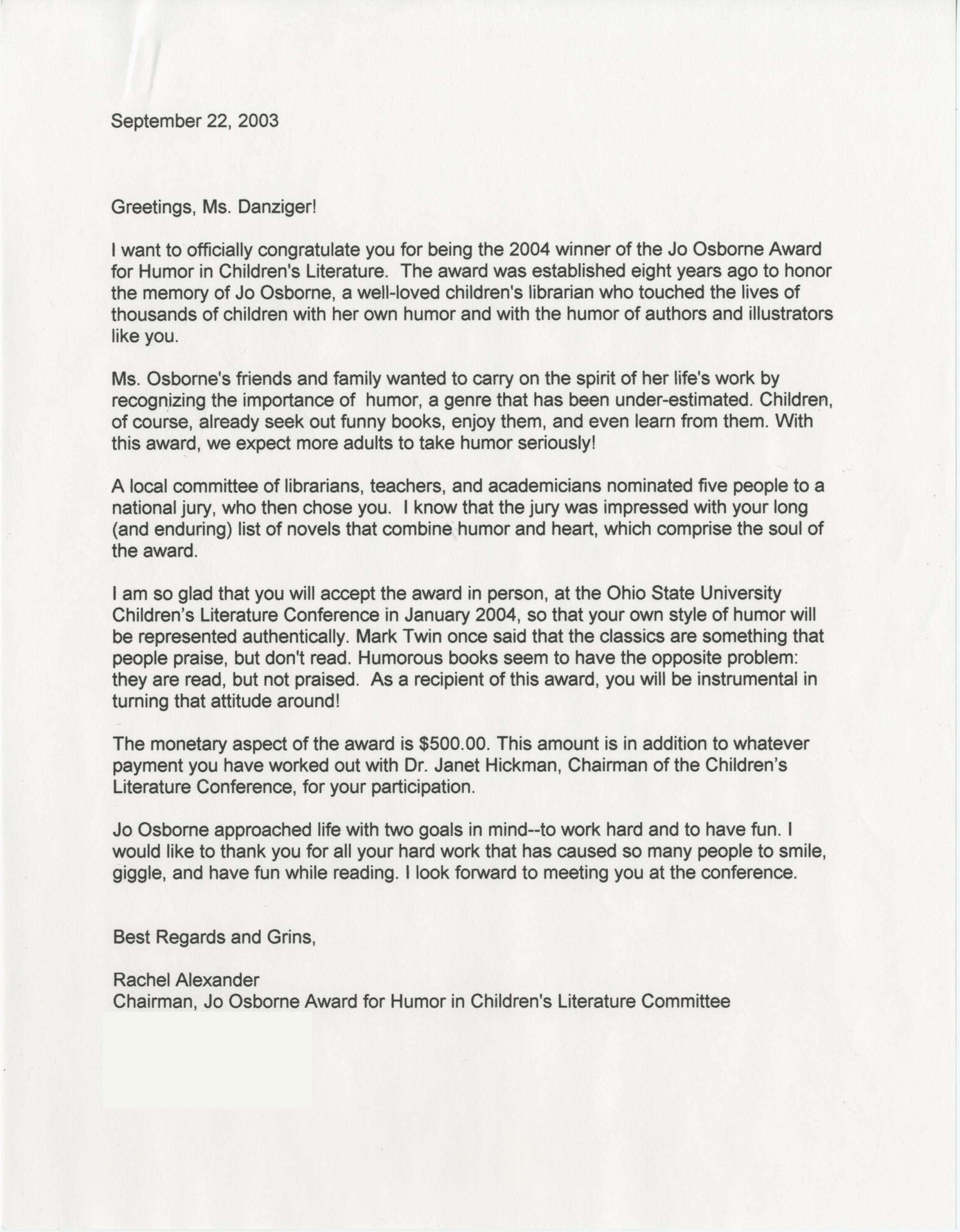 Letter from Rachel Alexander to Paula Danziger Announcing Her Win of the Jo Osborne Award