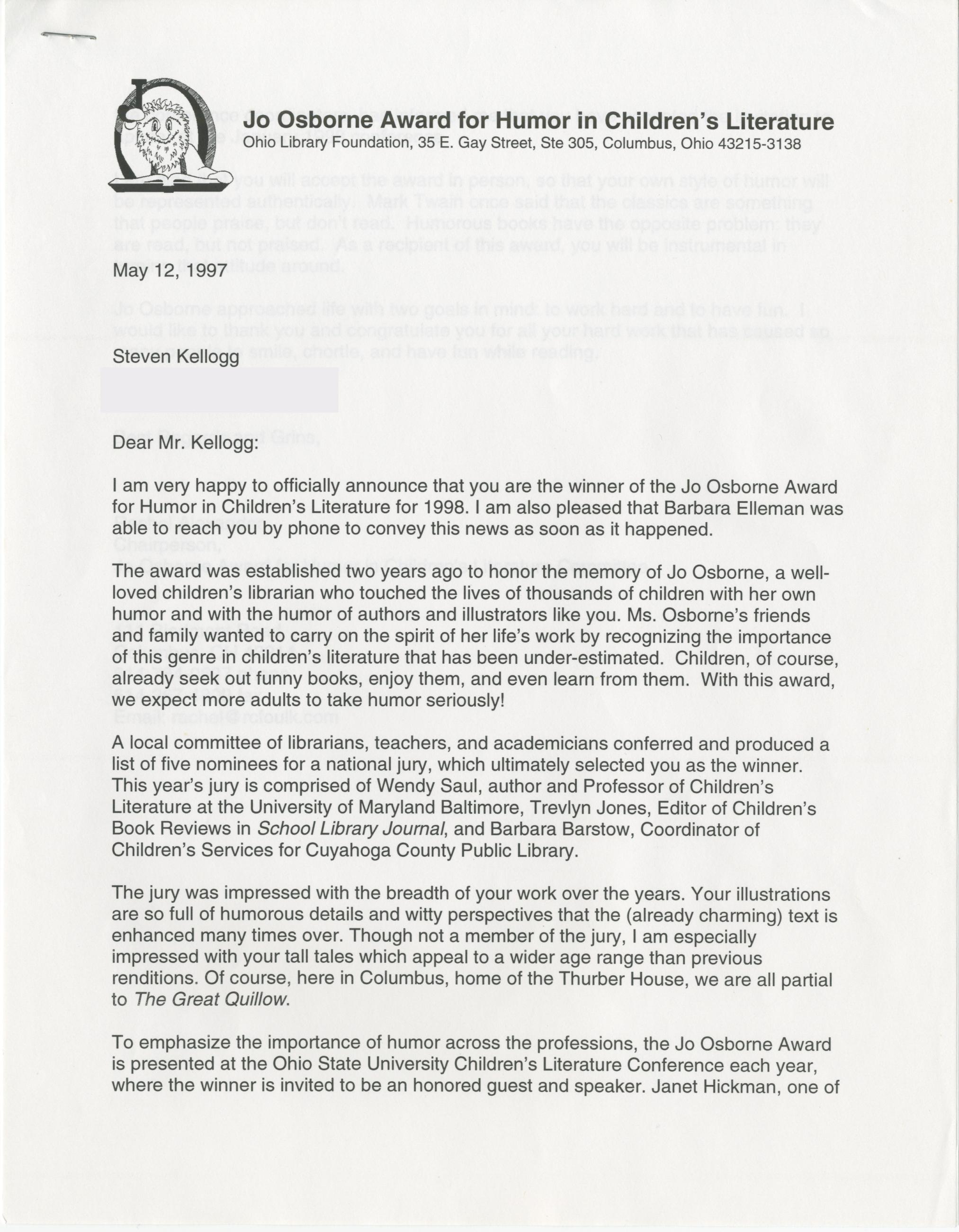 Letter from Rachel Alexander to Steven Kellogg