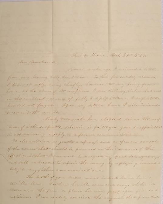 Letter to James Moreland of Henderson, Kentucky from Mary Johnson of Worthington, Ohio