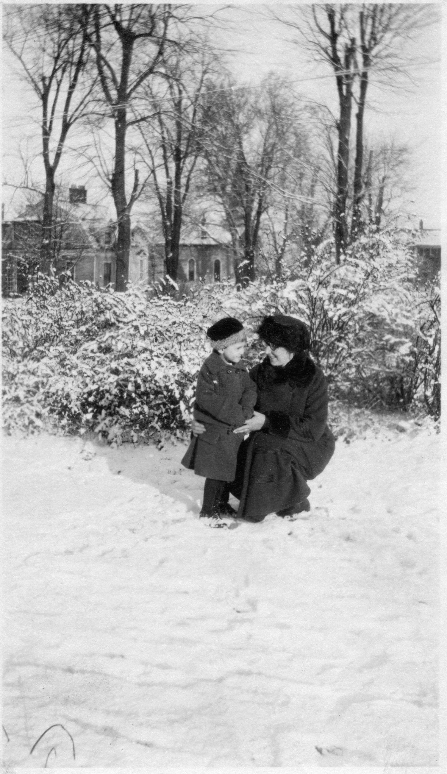 May Wing and Harriet Wing in Snow on the Village Green