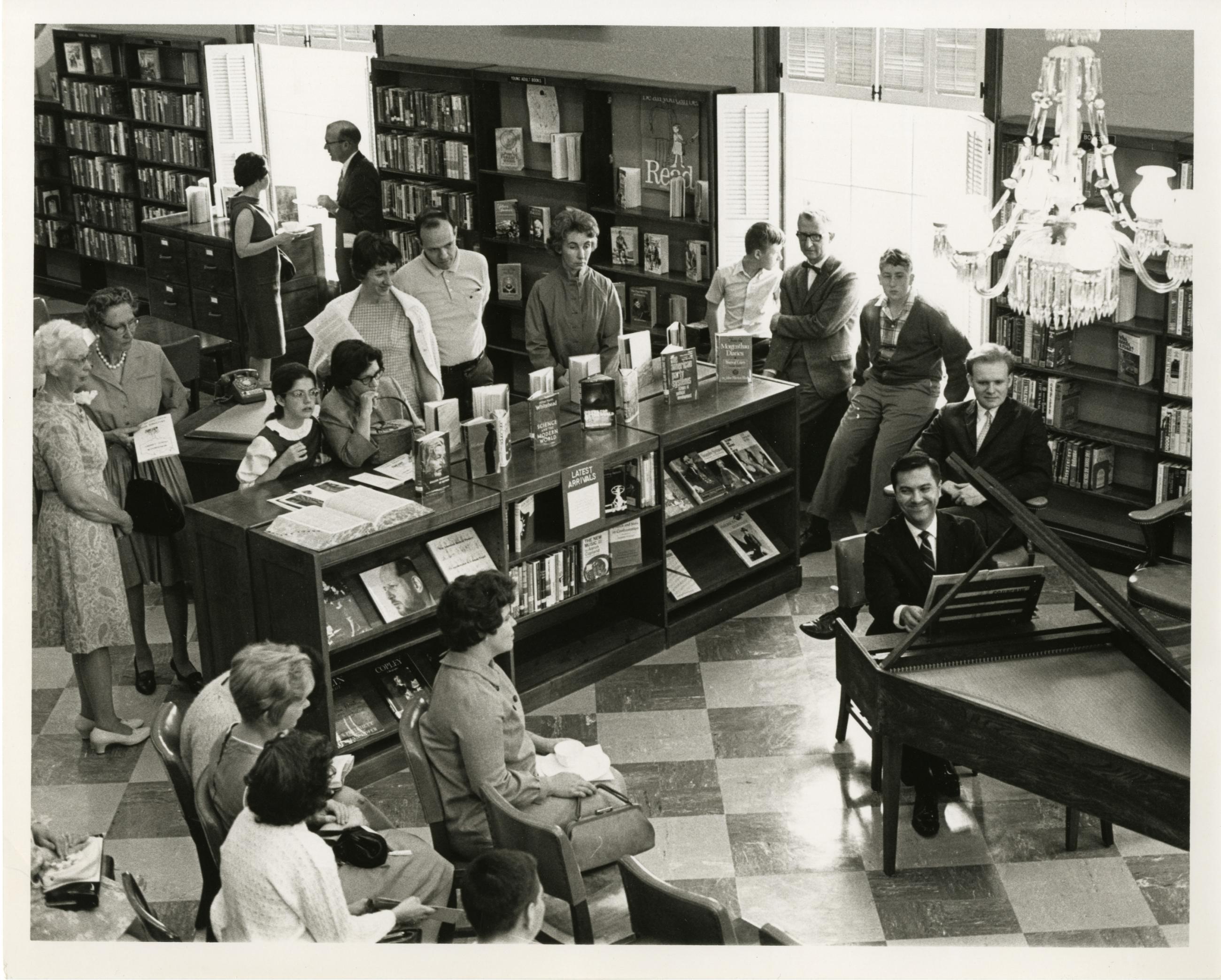 Photograph of Attendees and Harpsichordist at Worthington Public Library's National Library Week Celebration, 1968