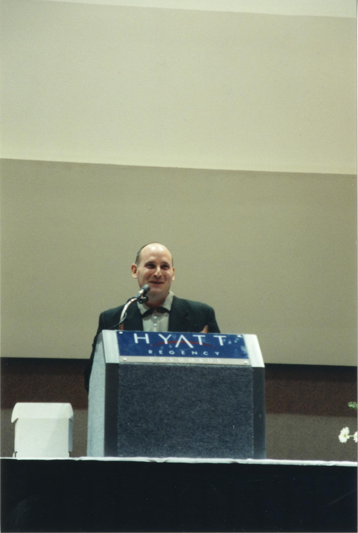 Author Jon Scieszka accepting the Jo Osborne Award for Humor in Children's Literature