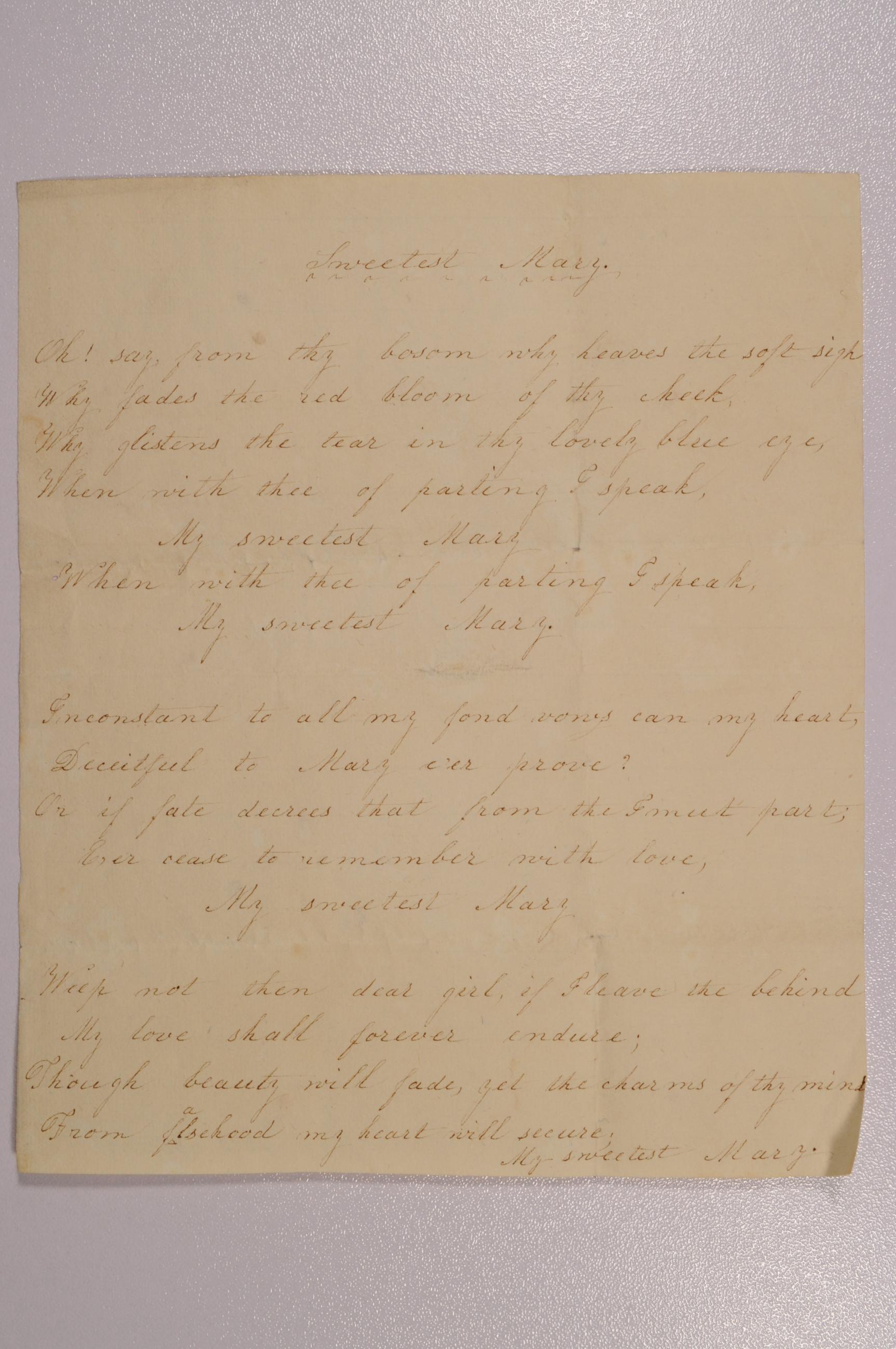 Poem Written for Mary Johnson from Unknown Writer Titled "Sweetest Mary"