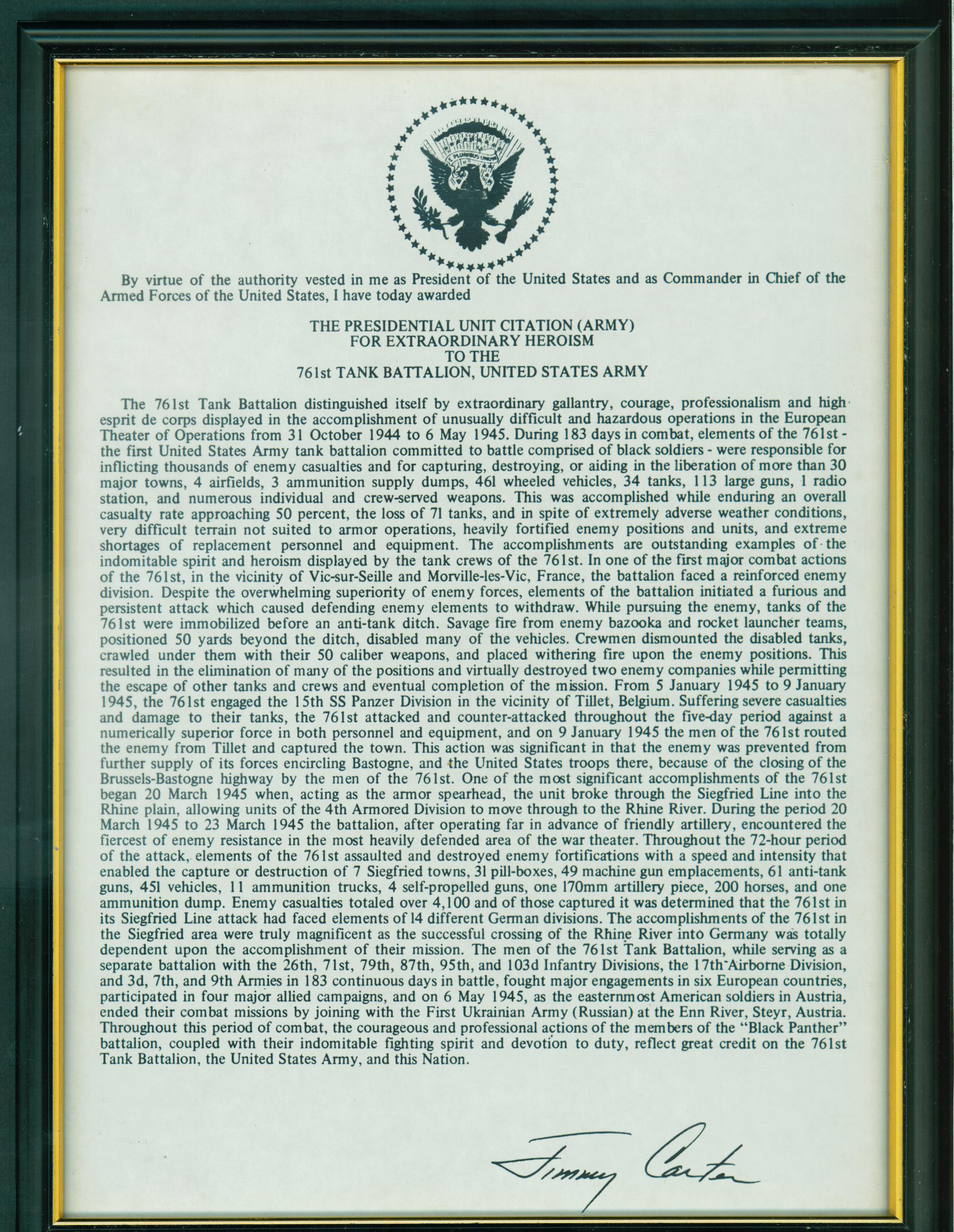 Presidential Unit Citation, 761st Tank Battalion