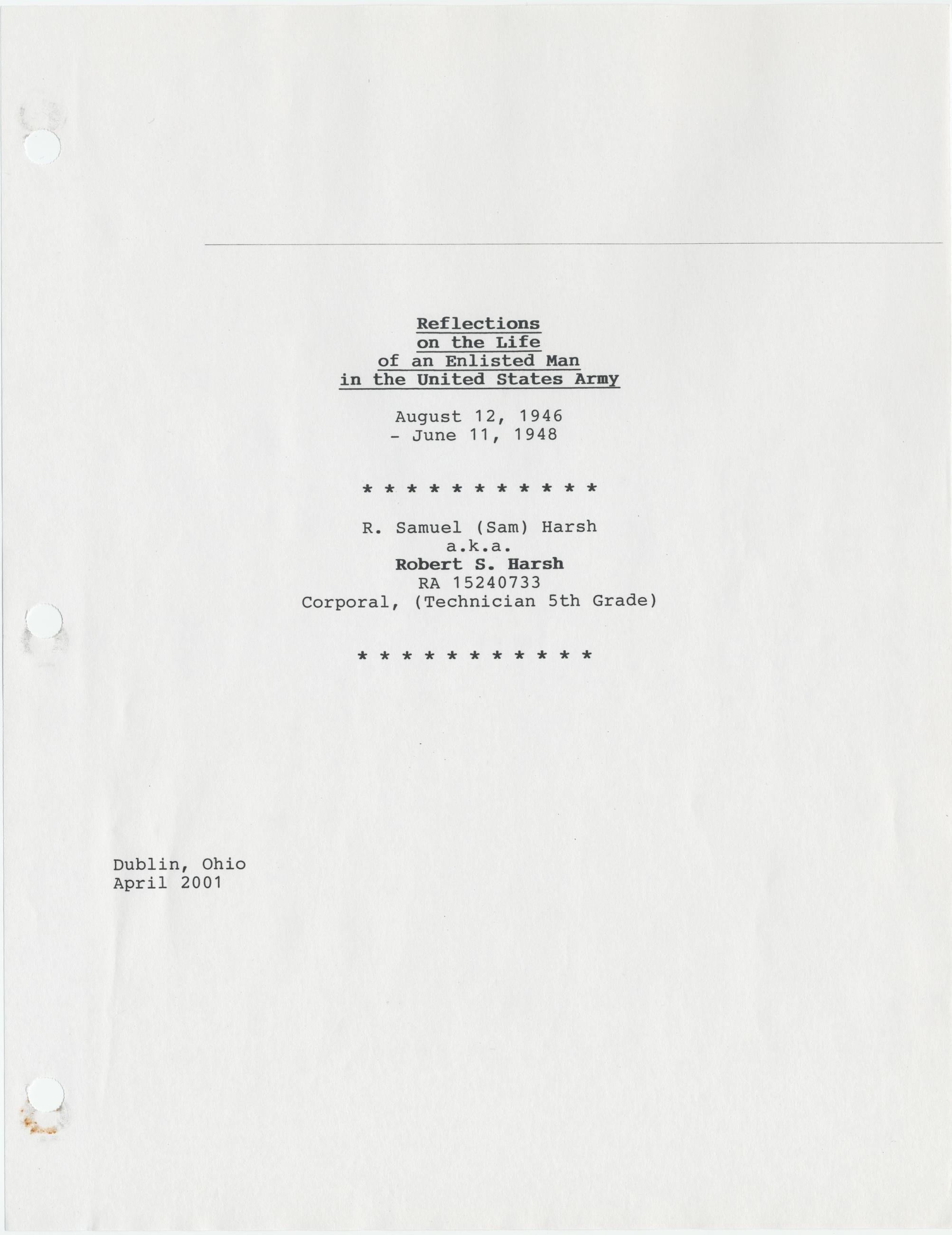 Reflections on the Life of an Enlisted Man in the United States Army August 12, 1946 - June 11, 1948