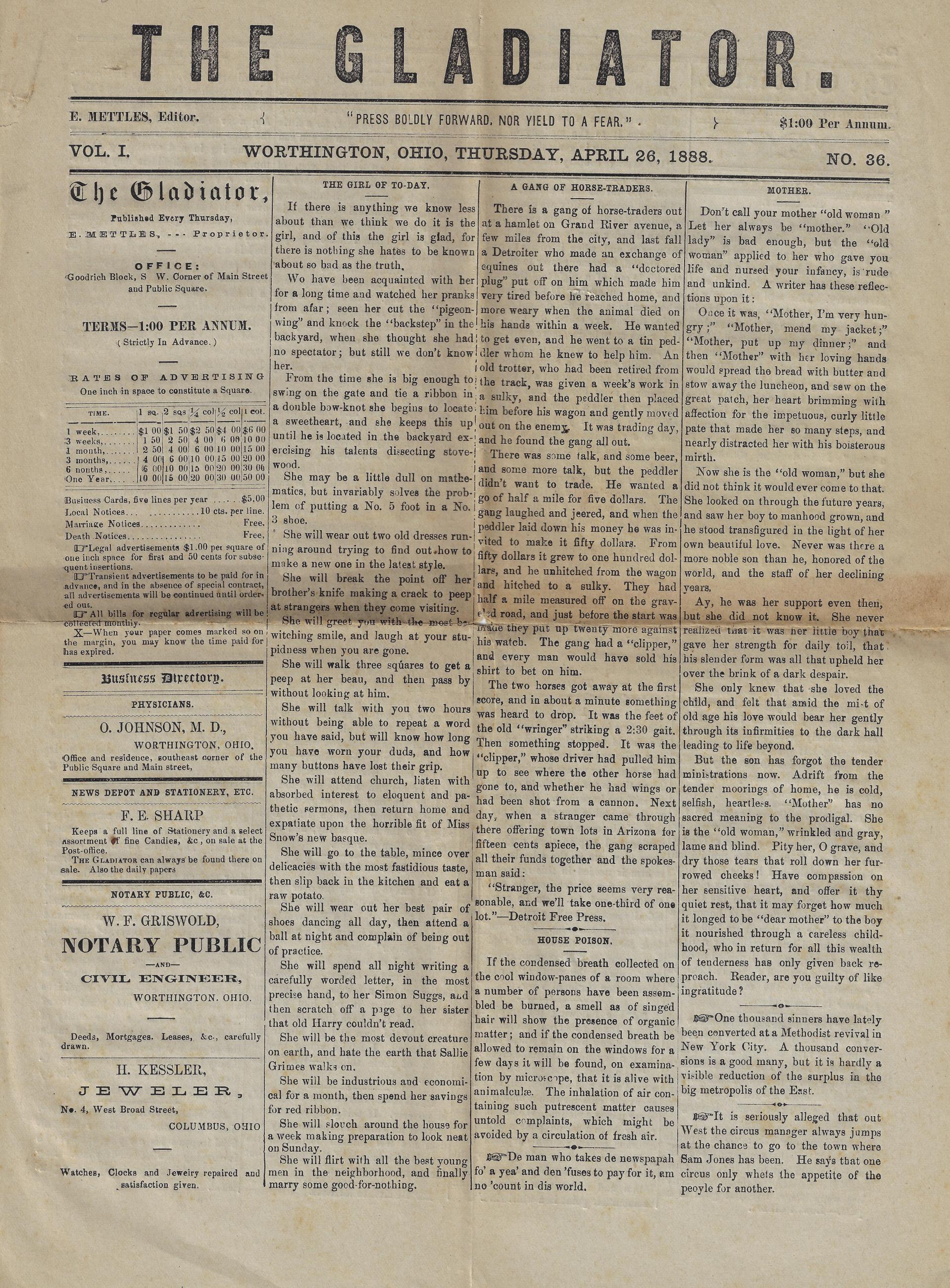The Gladiator Newspaper from April 26th, 1888