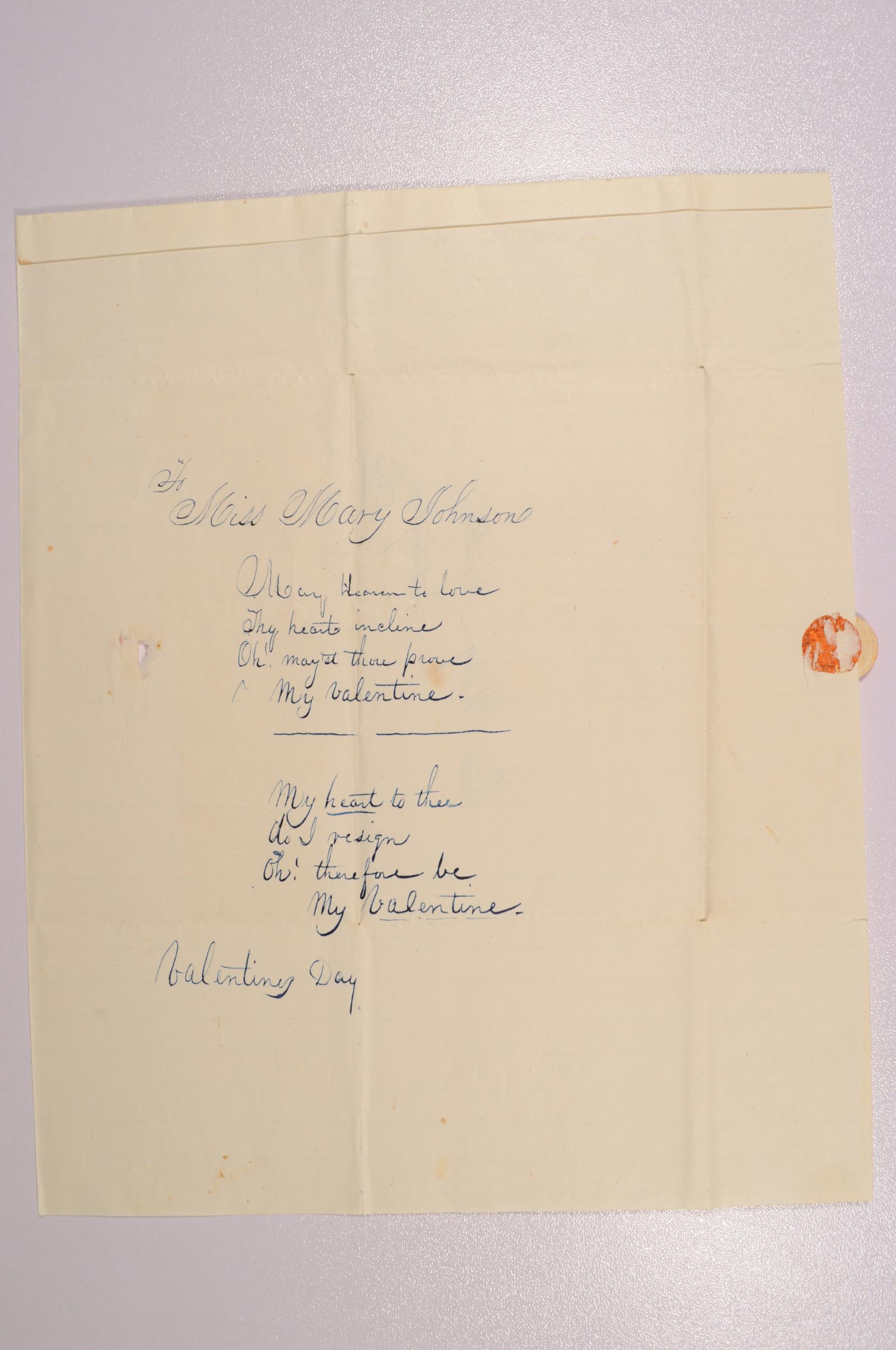 Valentine Poem Written to Mary Johnson from Unknown Writer