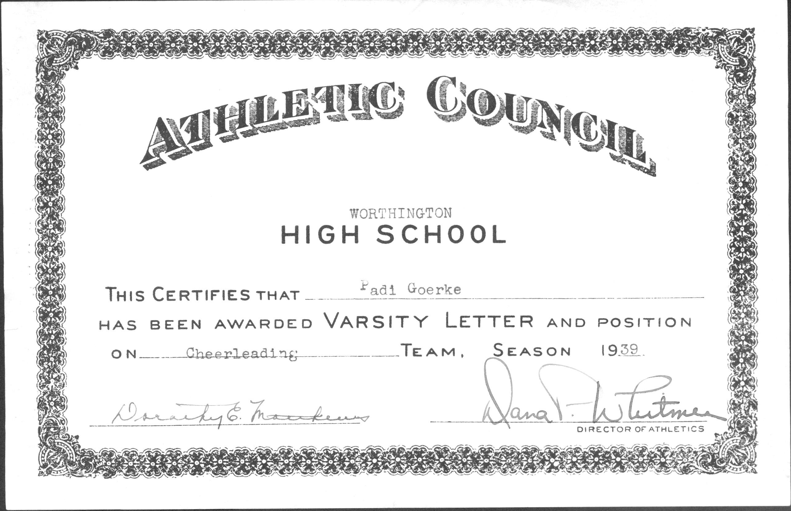 Varsity Letter Award Certificate