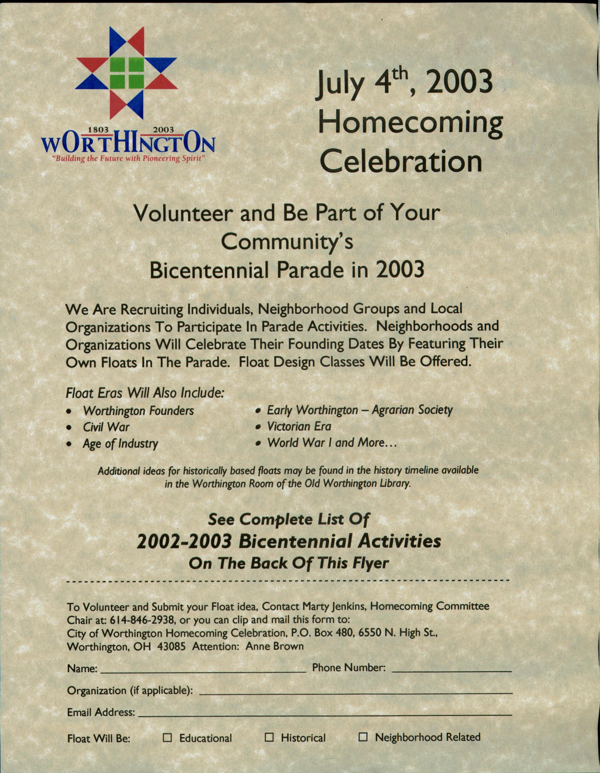 Worthington Bicentennial Parade Flyer