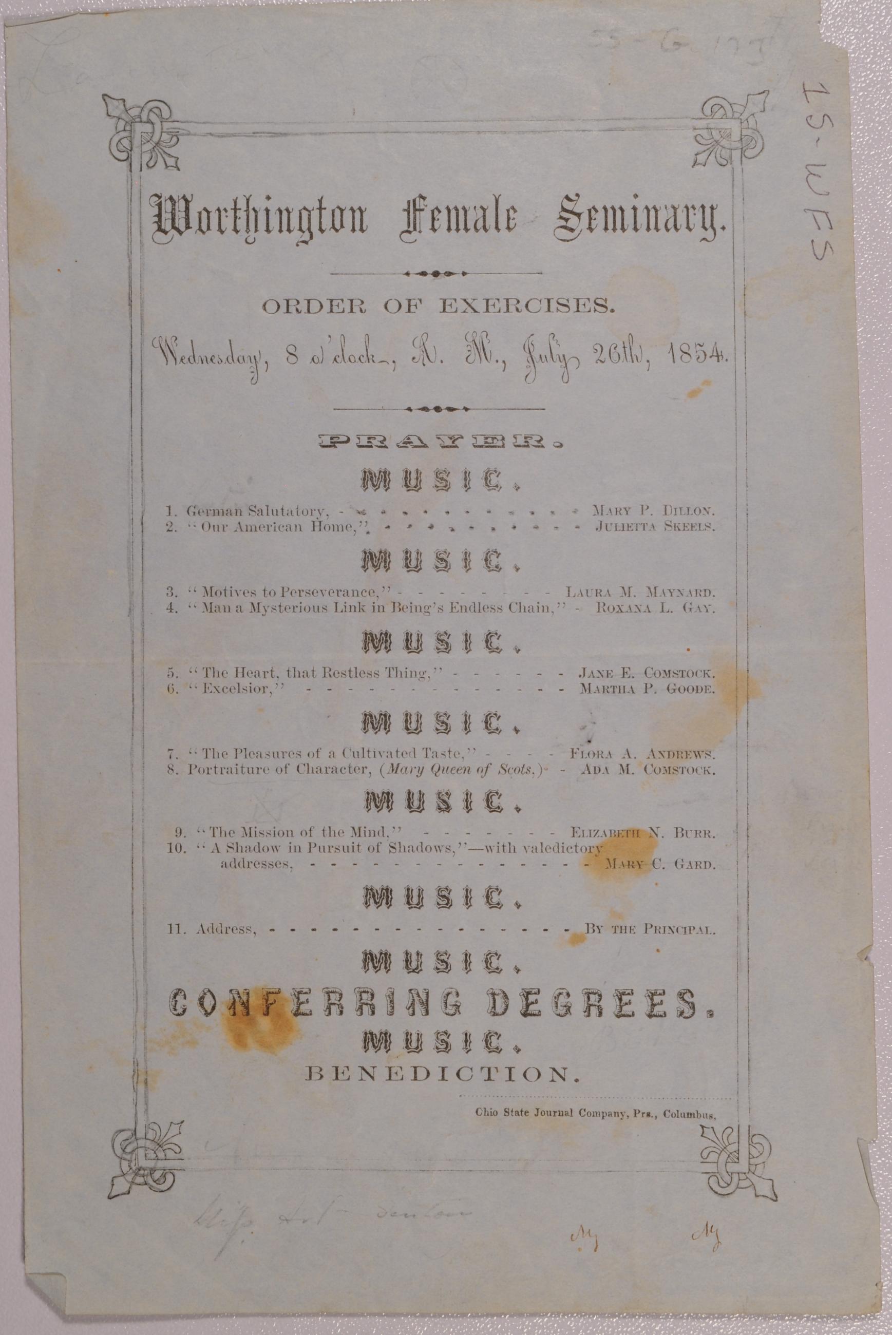 Worthington Female Seminary Commencement Exercises from 1854