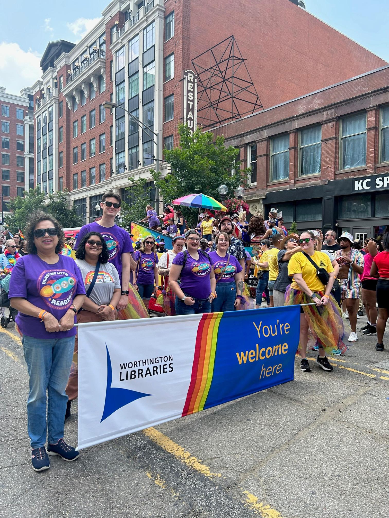 Worthington Libraries Marchers with Banner in the 2023 Stonewall Columbus Pride March