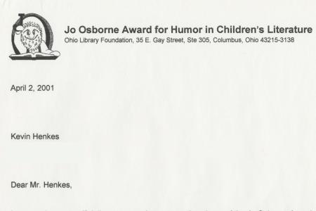 Letter from Rachel Alexander to Kevin Henkes Announcing His Win of the Jo Osborne Award