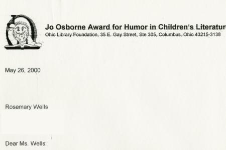 Letter from Rachel Alexander to Rosemary Wells Announcing Her Win of the Jo Osborne Award