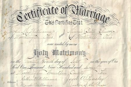 Marriage Certificate of John M. Williams and Minnie Bell Elmore