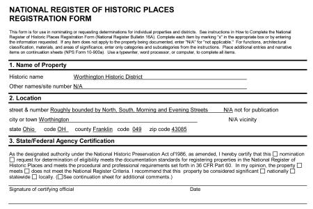 National Register of Historic Places Nomination Form for the Worthington Historic District