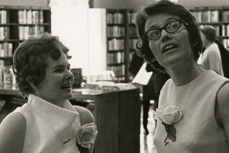 Photograph of Bernice Daniels and Jane Chamberlain at the Worthington Public Library's National Library Week Celebration, 1968