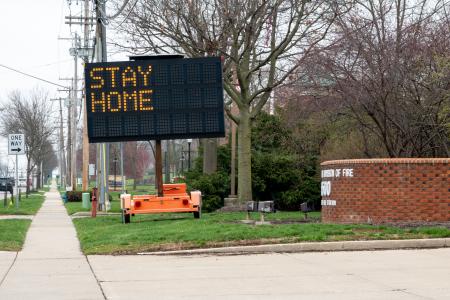 Photograph of Public Health Messages Outside Worthington Fire & EMS Building During Ohio’s Stay At Home Order of 2020