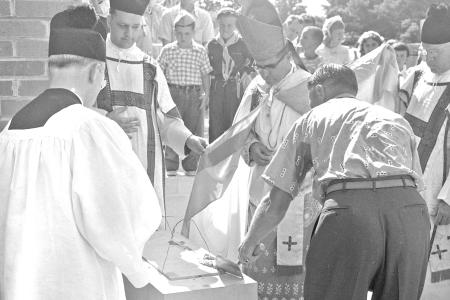 Photograph of Sealing of Time Capsule and Cornerstone at St. Michael's School, 1954
