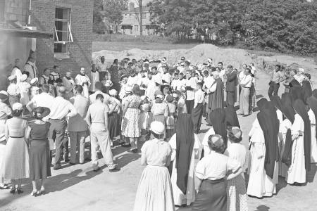 Photograph of the Crowd at the Cornerstone and Time Capsule Installation at St. Michael's School, 1954