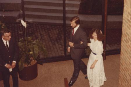 Rachel Alexander and Bob Foulk Walking to Their Wedding Ceremony at the Old Worthington Library